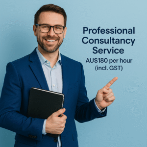 Caucasian male consultant in a blue suit smiling and holding a notebook while pointing toward professional consultancy service pricing