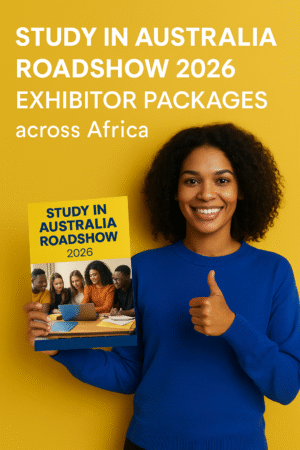 African professional holding a Study in Australia Roadshow 2026 brochure and giving a thumbs-up against a bright yellow background
