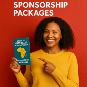 African woman smiling and holding a Study in Australia Roadshow 2026 sponsorship brochure against a vibrant red background