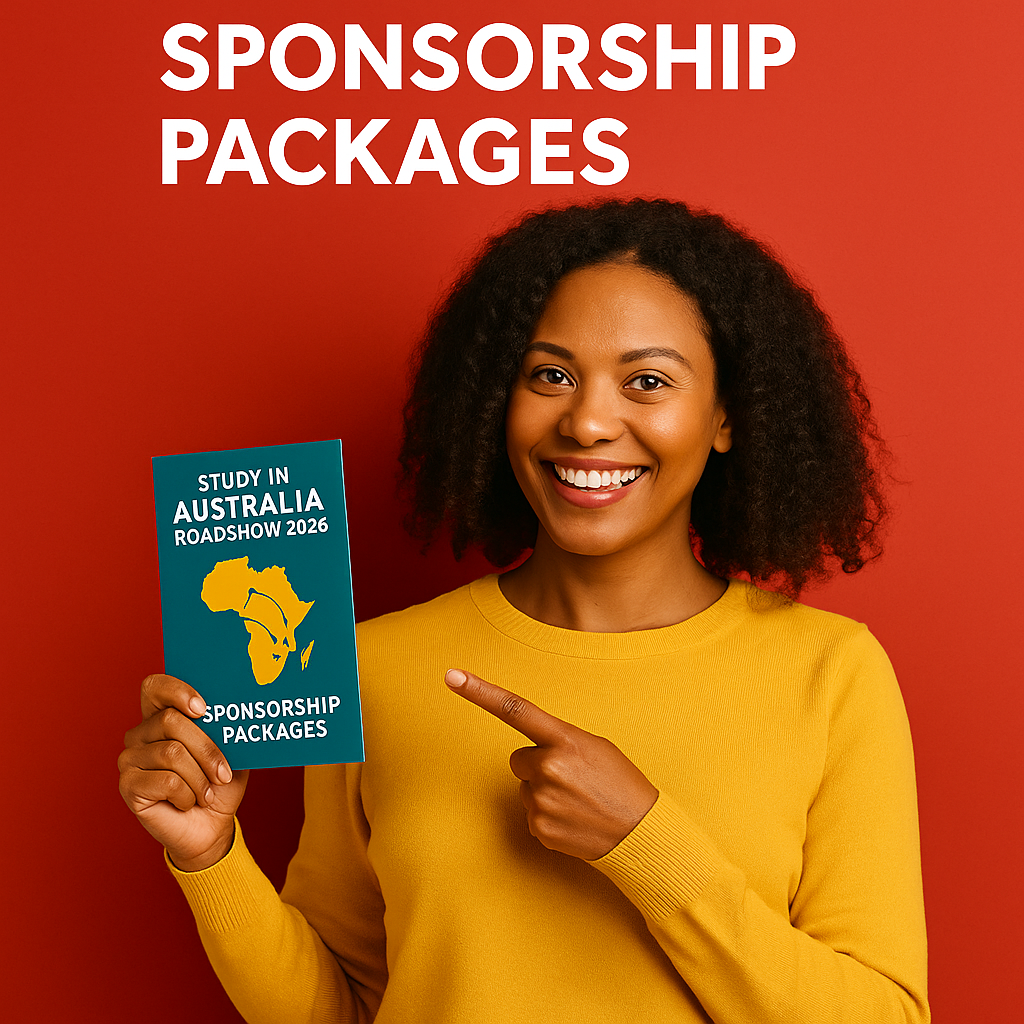 African woman smiling and holding a Study in Australia Roadshow 2026 sponsorship brochure against a vibrant red background