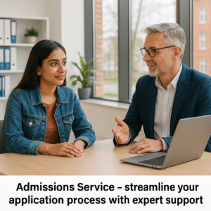 Student receiving admissions guidance from an advisor in a modern office setting