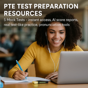 African student studying with a laptop and headset while preparing for the PTE exam using online mock tests