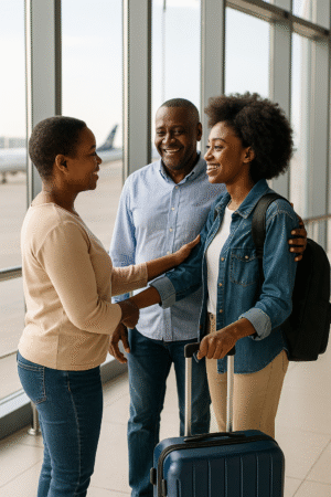 African student at an airport saying goodbye to her parents before travelling to Australia for further studies