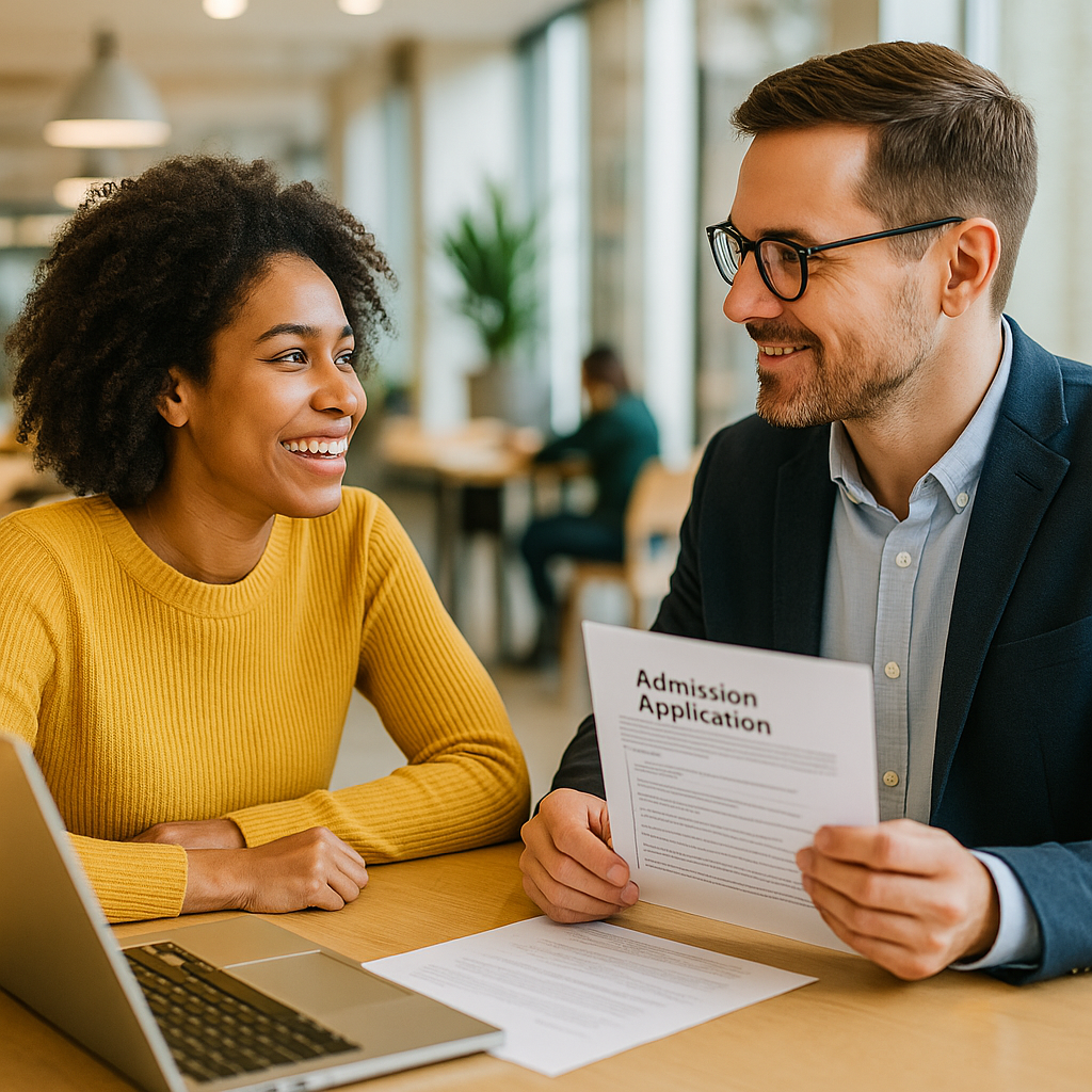 Student receiving pre-admissions counselling from an advisor in a modern study environment
