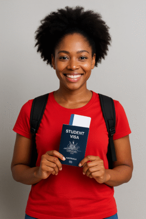 African student smiling and holding an Australian student visa passport and boarding pass