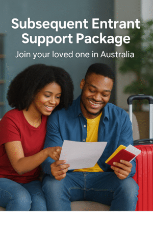 African couple reviewing travel and visa documents together with a suitcase beside them, preparing for a Subsequent Entrant application