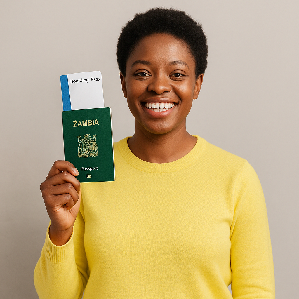 African woman holding a Zambian passport and boarding pass while smiling confidently in a light yellow jumper